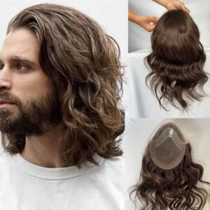 Man showcasing long brown hair with wavy wig and toupee options