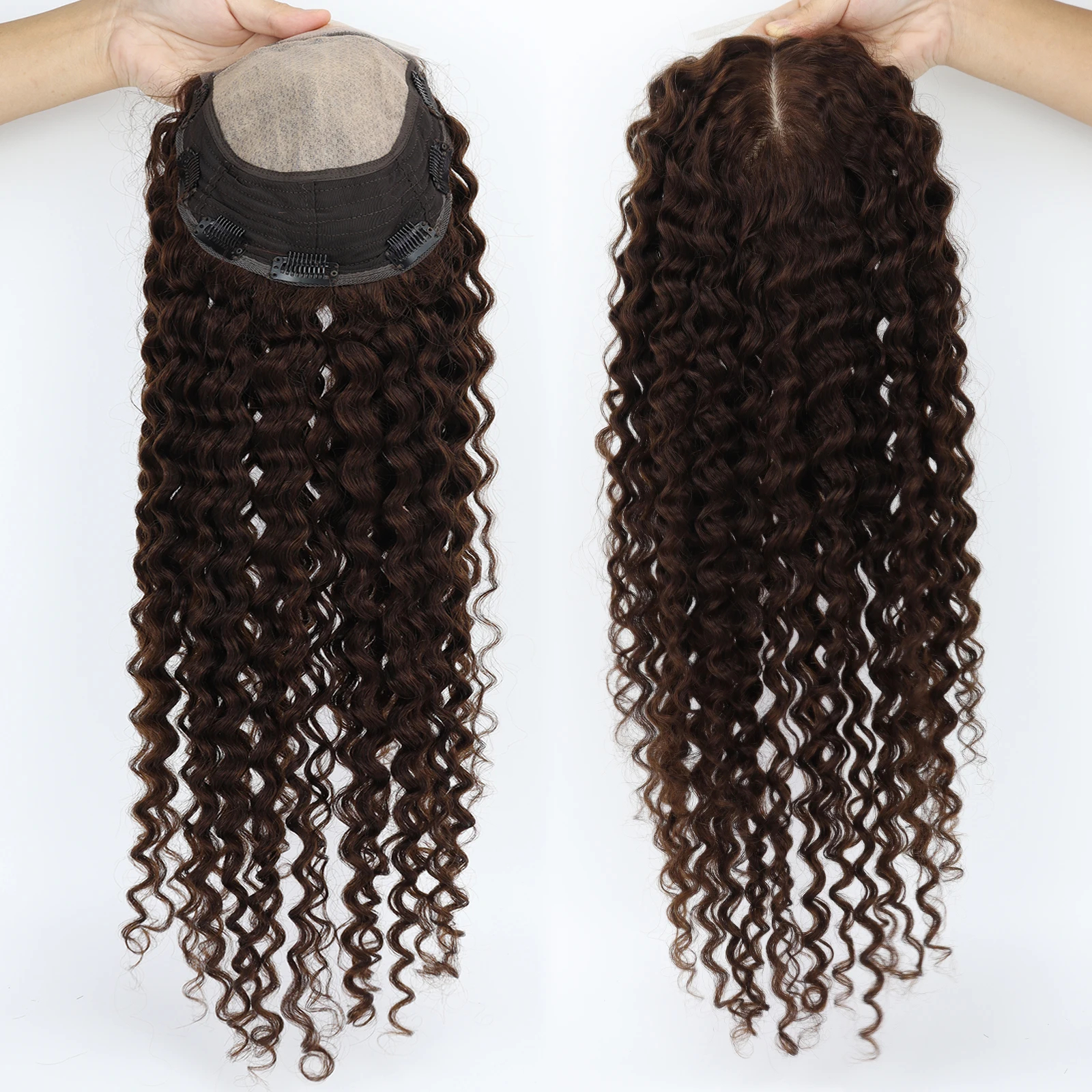 Brown curly hair extensions with lace base close-up view.